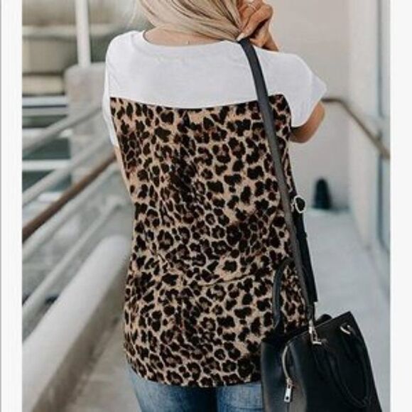 NEW White Leopard  Patch Crewneck Short Sleeve Graphic Tee Shirt - Picture 2 of 4